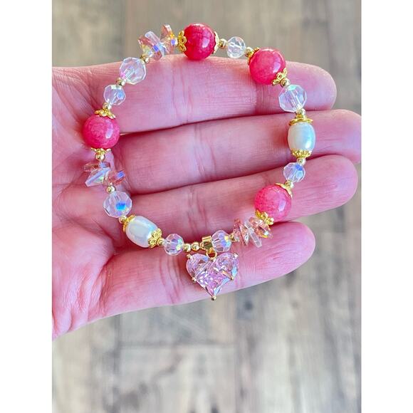Pink Swarovski Beaded Bracelet Heart Charm - Picture 5 of 8